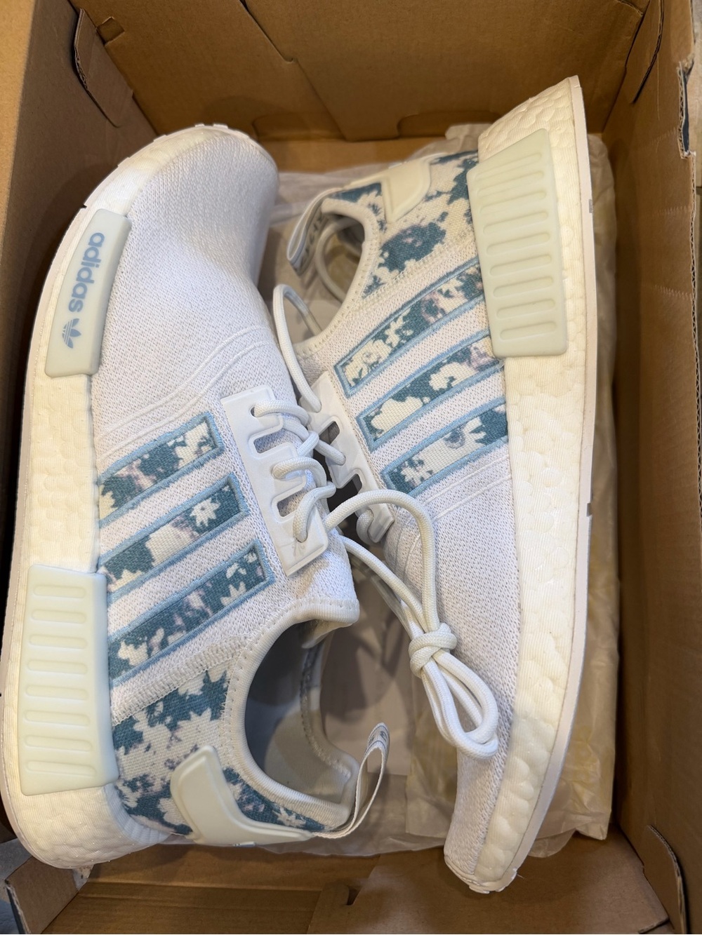 adidas White Sneakers with Light Blue Floral Stripe Accents